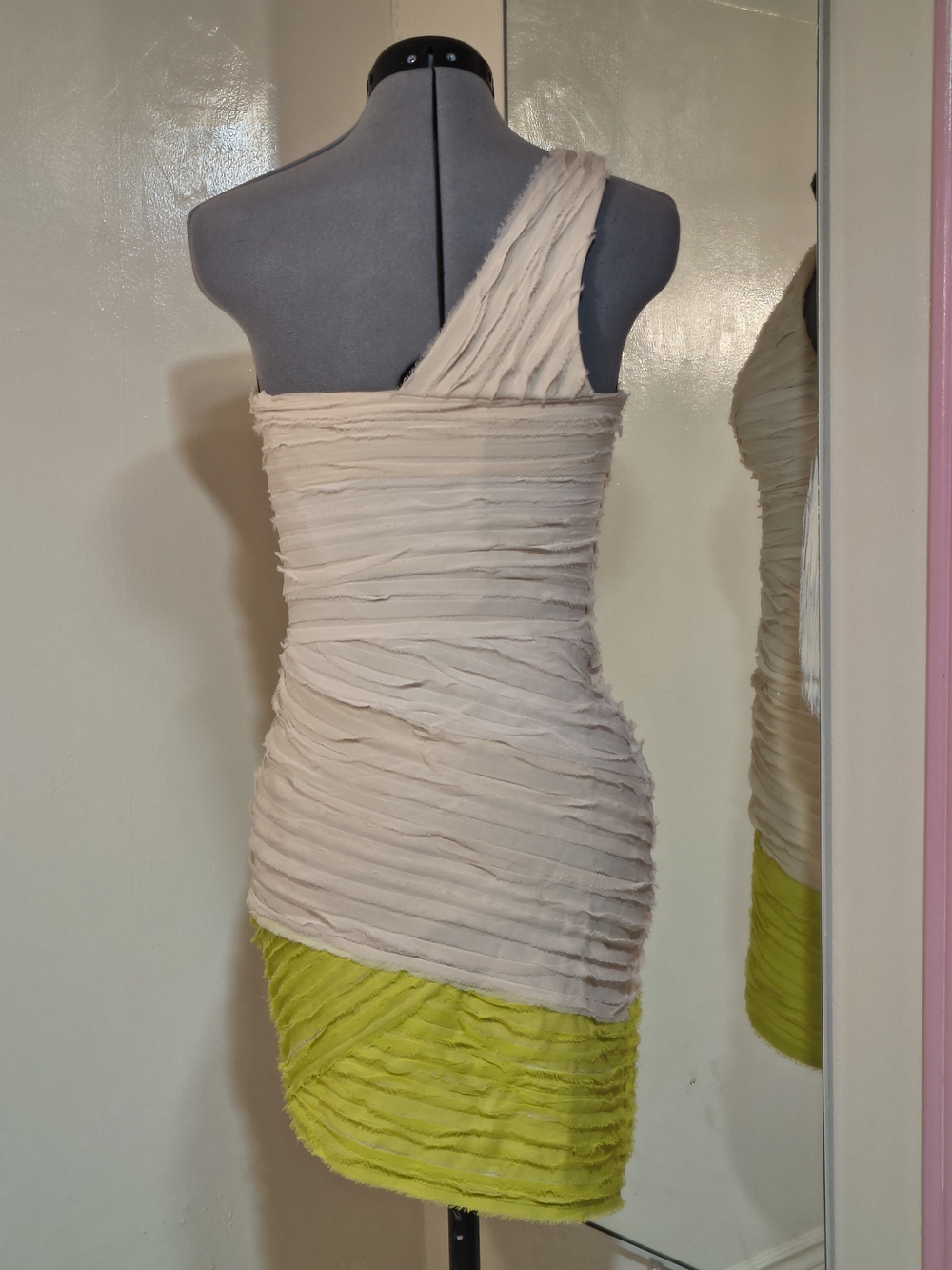 Bebe One-Shoulder Ruffled Mini Dress in Cream and Lime - Picture 4 of 16